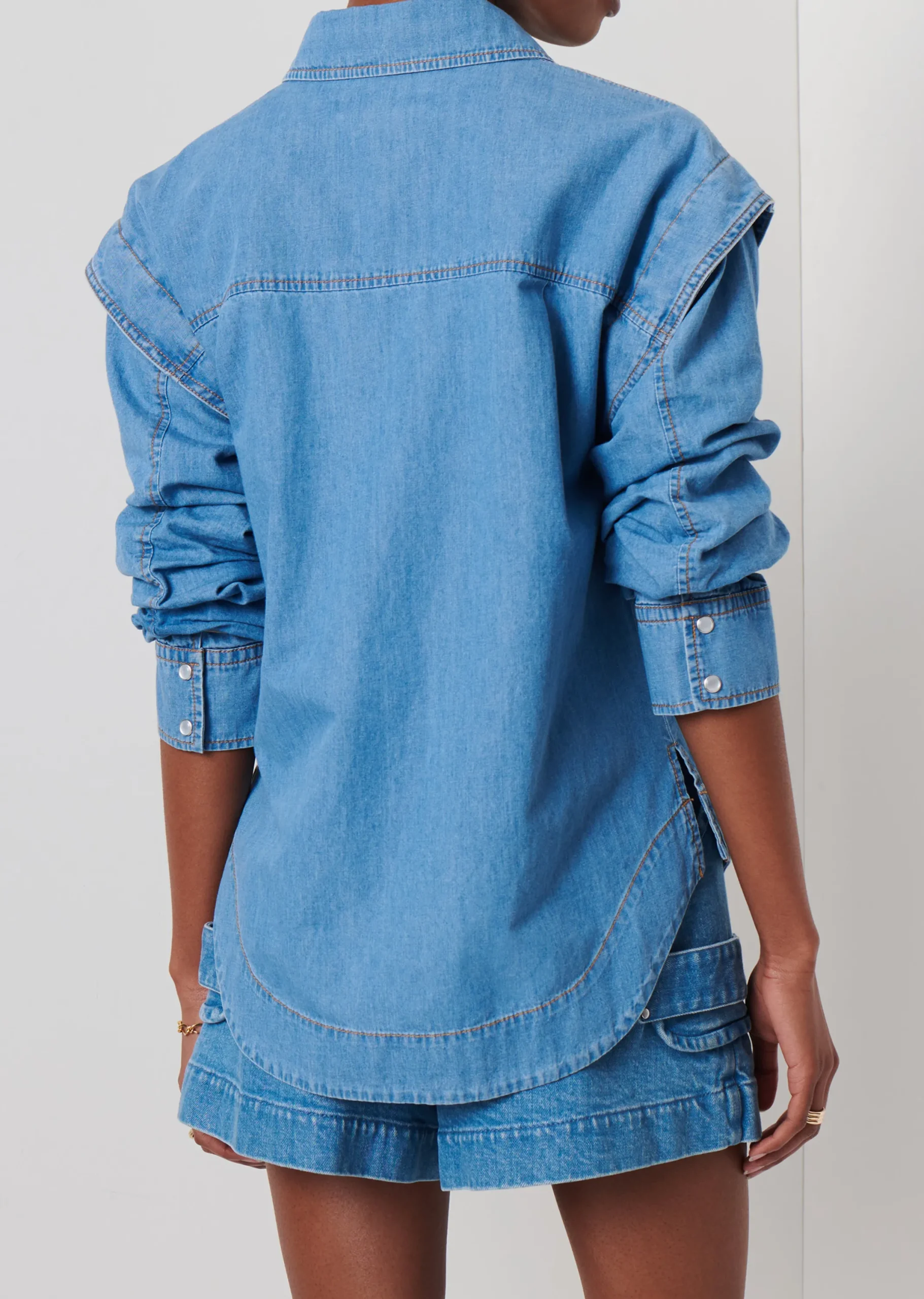 Derek Lam -Marley Ruched Sleeve Button Down Shirt Light Wash