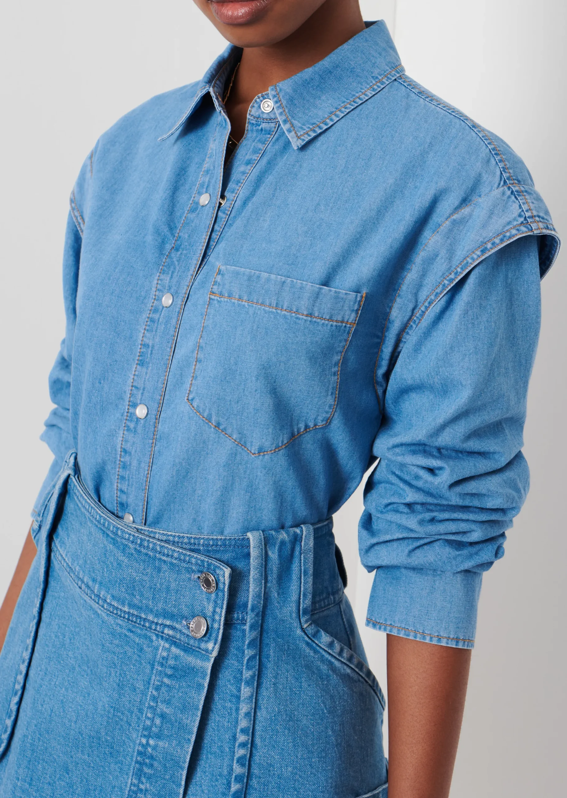 Derek Lam -Marley Ruched Sleeve Button Down Shirt Light Wash