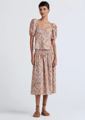 Derek Lam -Melanie Puff Sleeve Lace-Up Top Light Khaki Multi