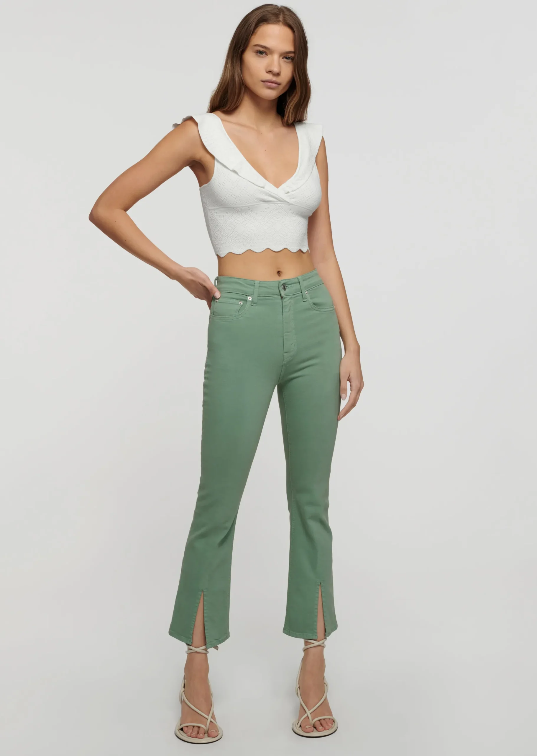 Derek Lam -Mira Front Slit Crop Flare Jeans Shale Green