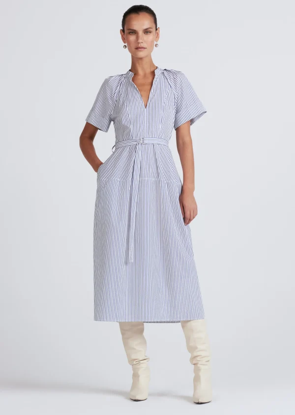 Derek Lam -Orla Tie Waist Short Sleeve V-Neck Dress White-Navy