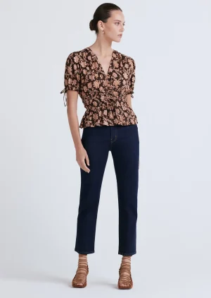 Derek Lam -Rhea Puff Sleeve V-Neck Top Chocolate Multi