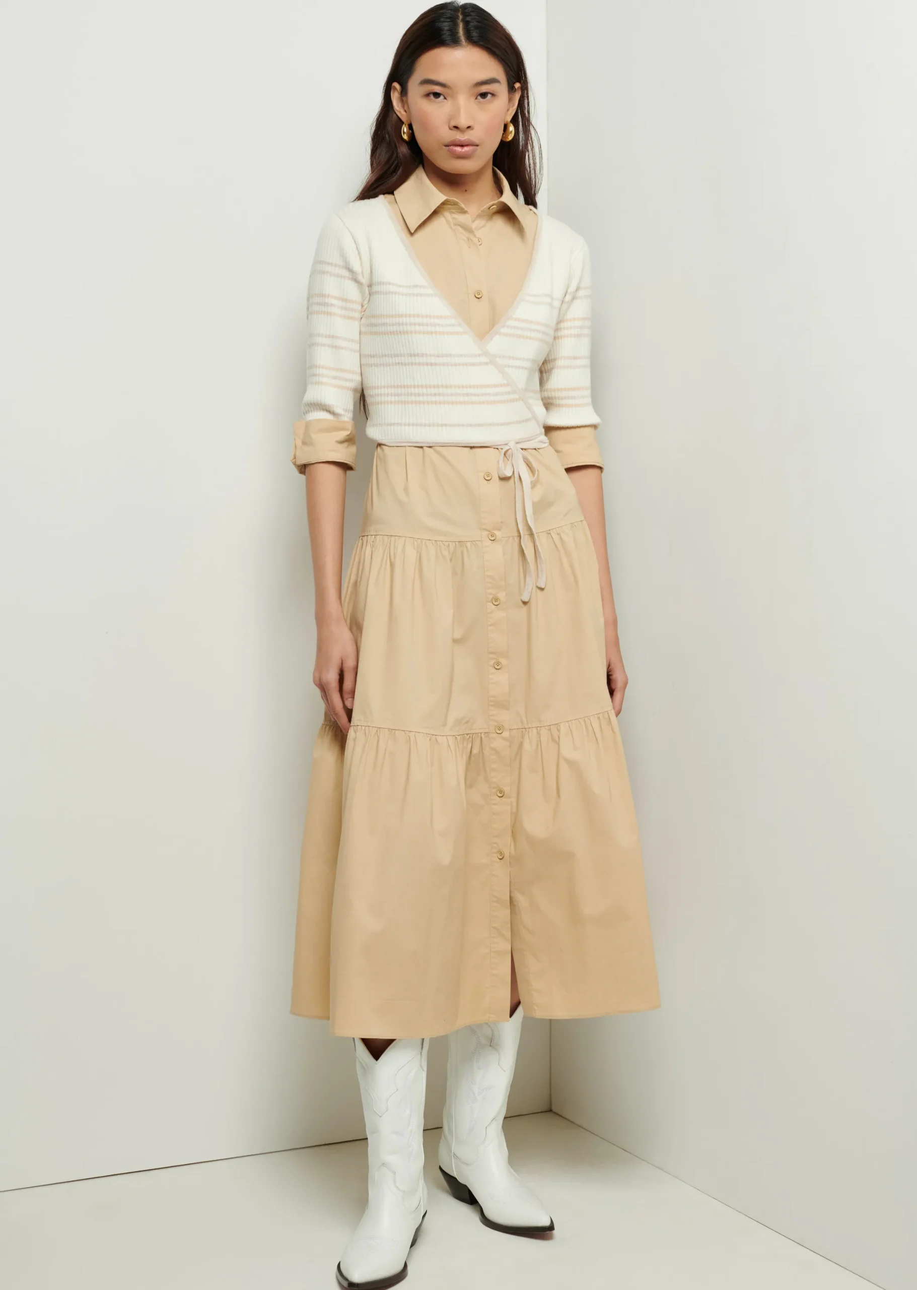 Derek Lam -Tami Mixed Media Cardigan Shirt Dress Khaki-Cream