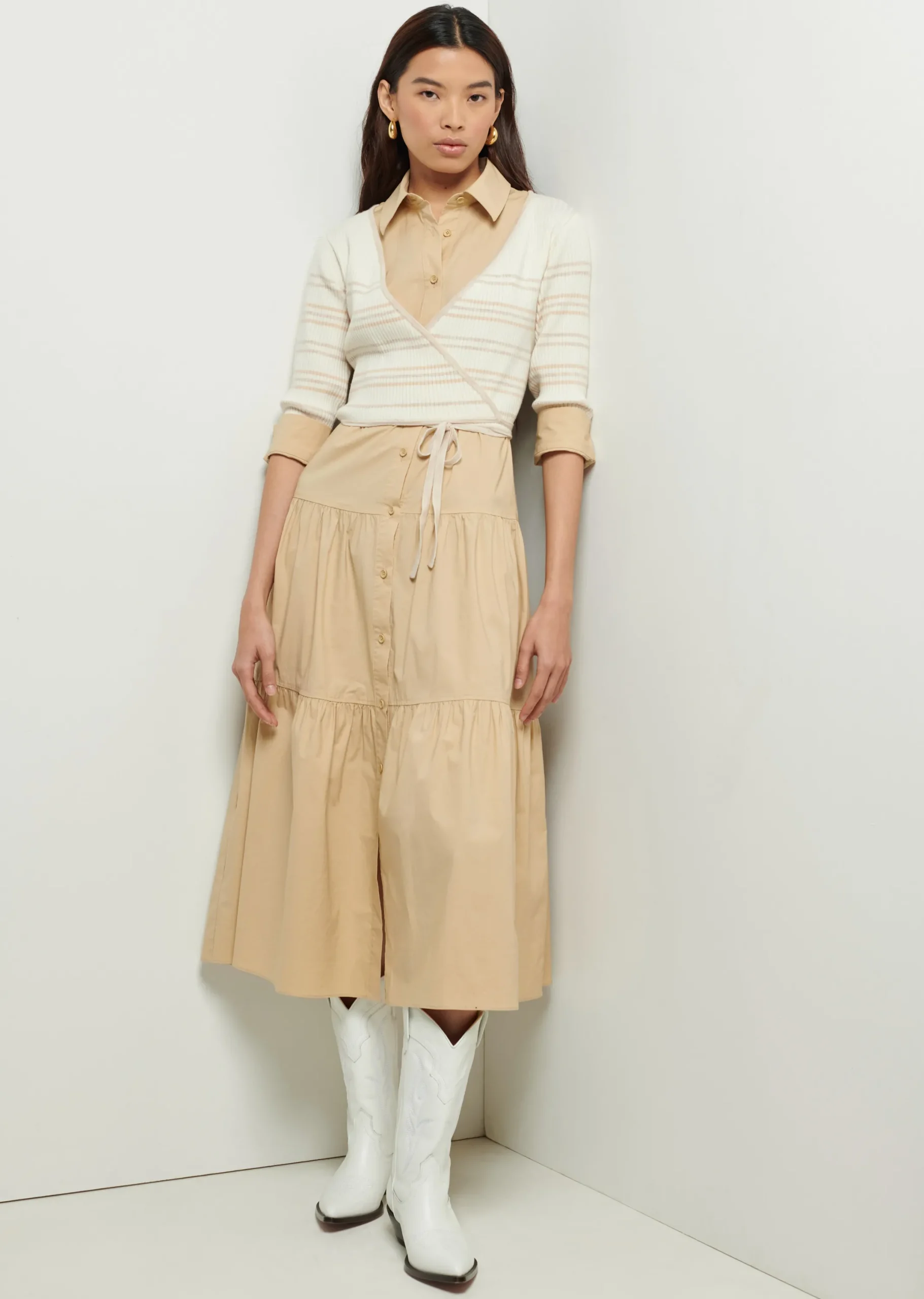 Derek Lam -Tami Mixed Media Cardigan Shirt Dress Khaki-Cream