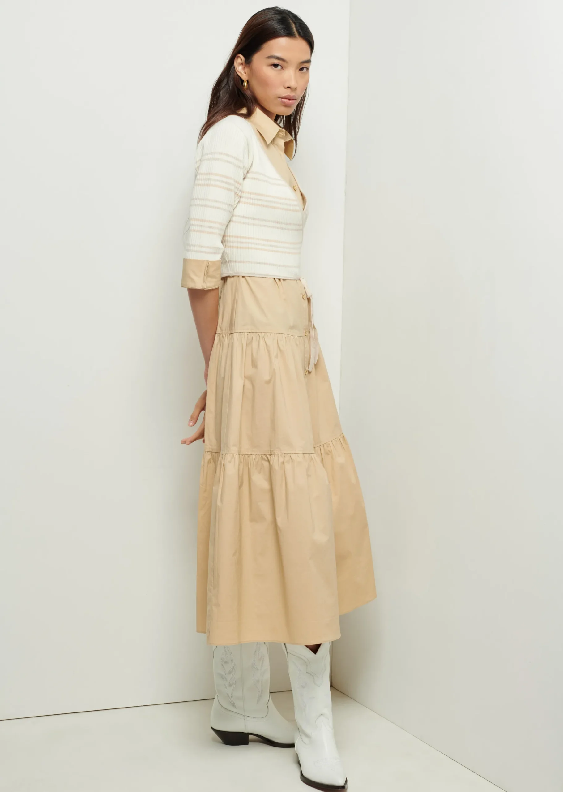 Derek Lam -Tami Mixed Media Cardigan Shirt Dress Khaki-Cream