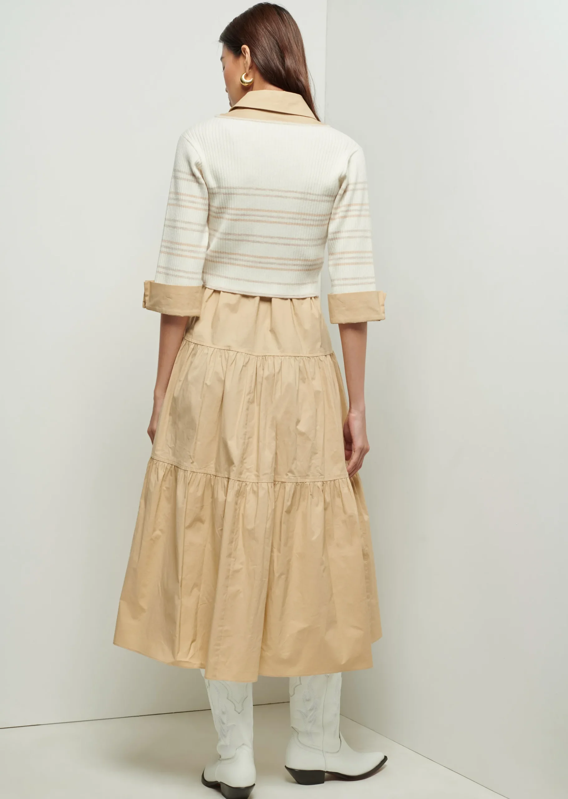 Derek Lam -Tami Mixed Media Cardigan Shirt Dress Khaki-Cream